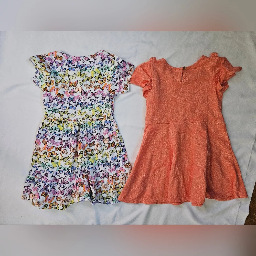 Set Of Two Kids Dresses- Colorful Butterfly and Orange Ruffle- Size 4